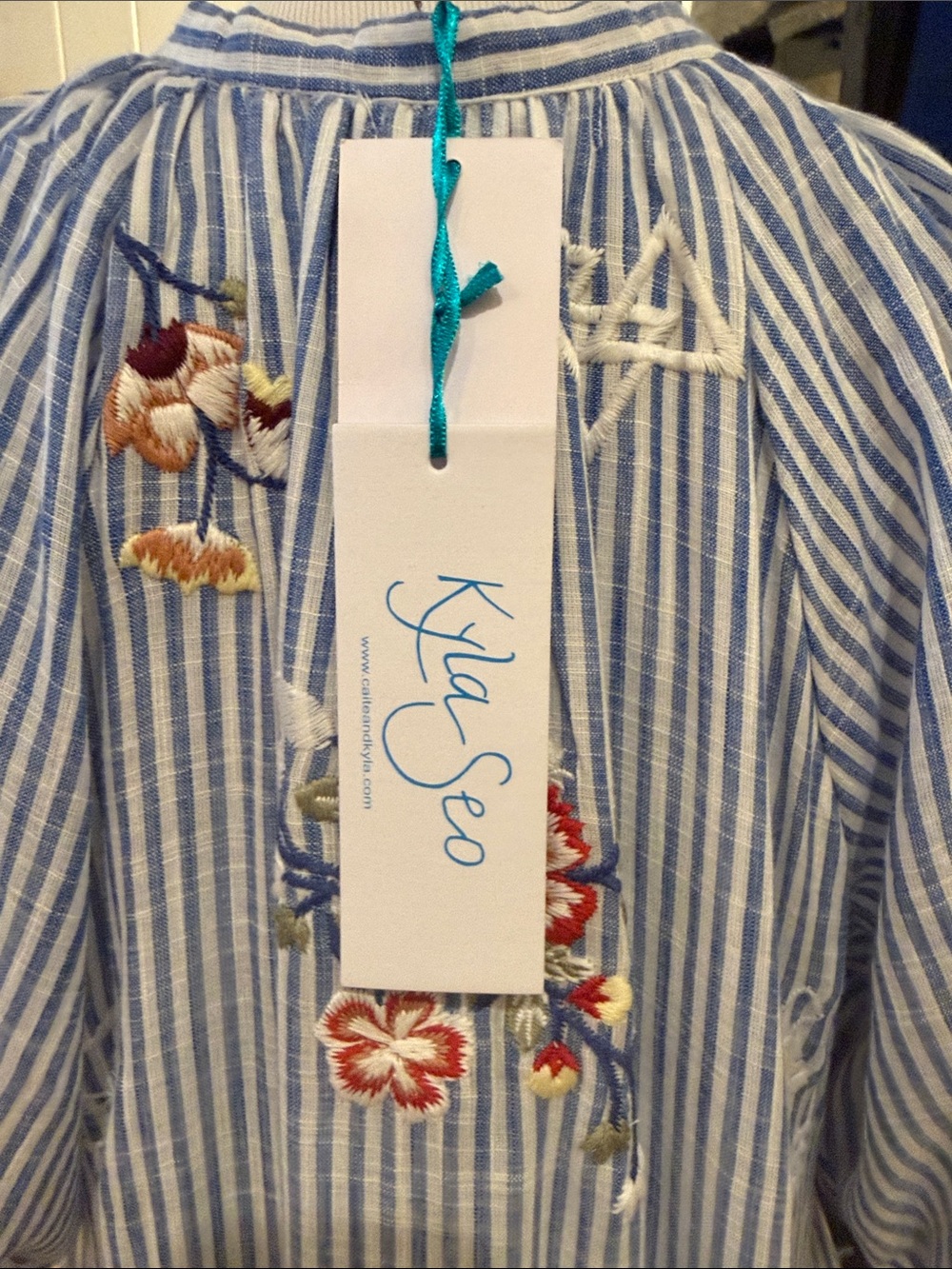 Kyla Seo Blue Striped Embroidered Maxi Dress - Puff Sleeve - Picture 10 of 11